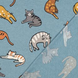 Baumwolljersey Katzen - schattenblau meliert