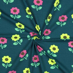 Baumwolljersey Neon Blumen - dunkelgrün