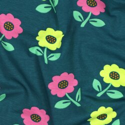 Baumwolljersey Neon Blumen - dunkelgrün