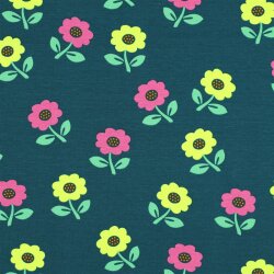 Baumwolljersey Neon Blumen - dunkelgrün
