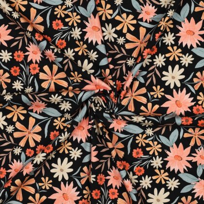 Baumwolljersey Digital Blumen - schwarz
