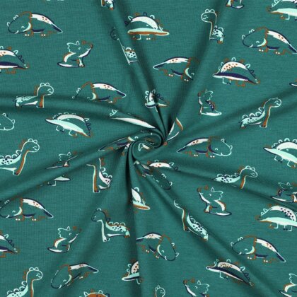 Baumwolljersey Bio~Organic DINOSAURS - PETROL