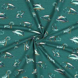 Baumwolljersey Bio~Organic DINOSAURS - PETROL