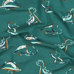 Baumwolljersey Bio~Organic DINOSAURS - PETROL