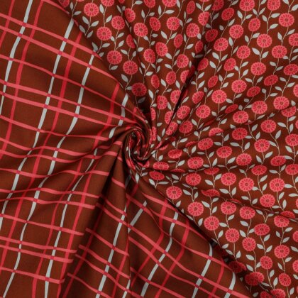 Feine Baumwollpopeline Blumen & CHECKS - CARAMEL