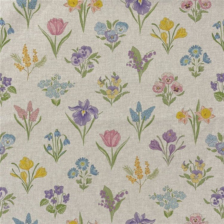 Interieurstoff Leinen-Optik Blumen Kacheln - natur