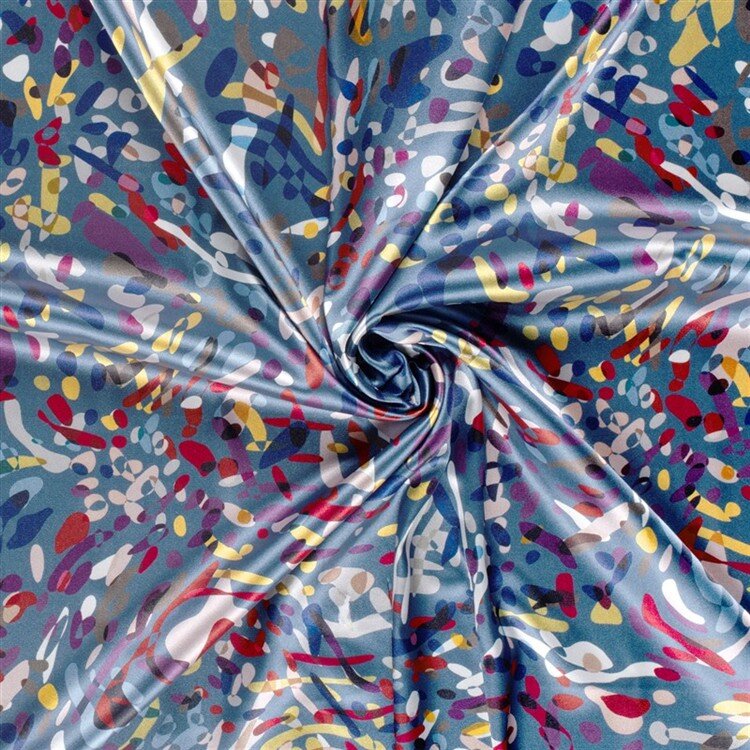 Polyester Satin bunte Kleckse - stahlblau