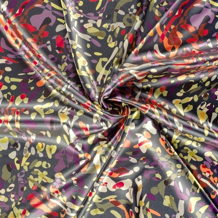 Polyester Satin bunte Kleckse - stahlgrau