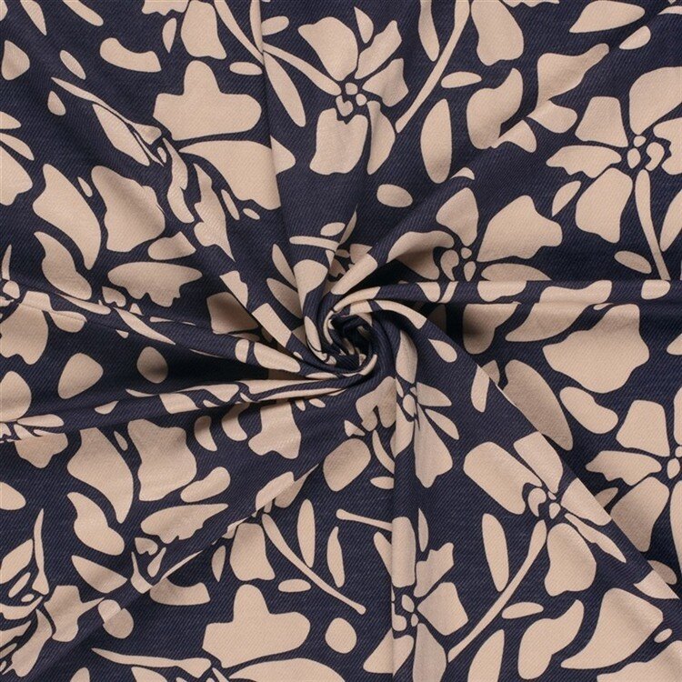 Viskose Nylon Jersey Twill Blumen - dunkelblau