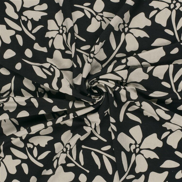 Viskose Nylon Jersey Twill Blumen - schwarz