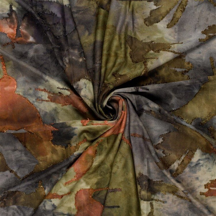 Polyester Viskose Jersey Jacquard  Burnout Batik Vögel - oliv
