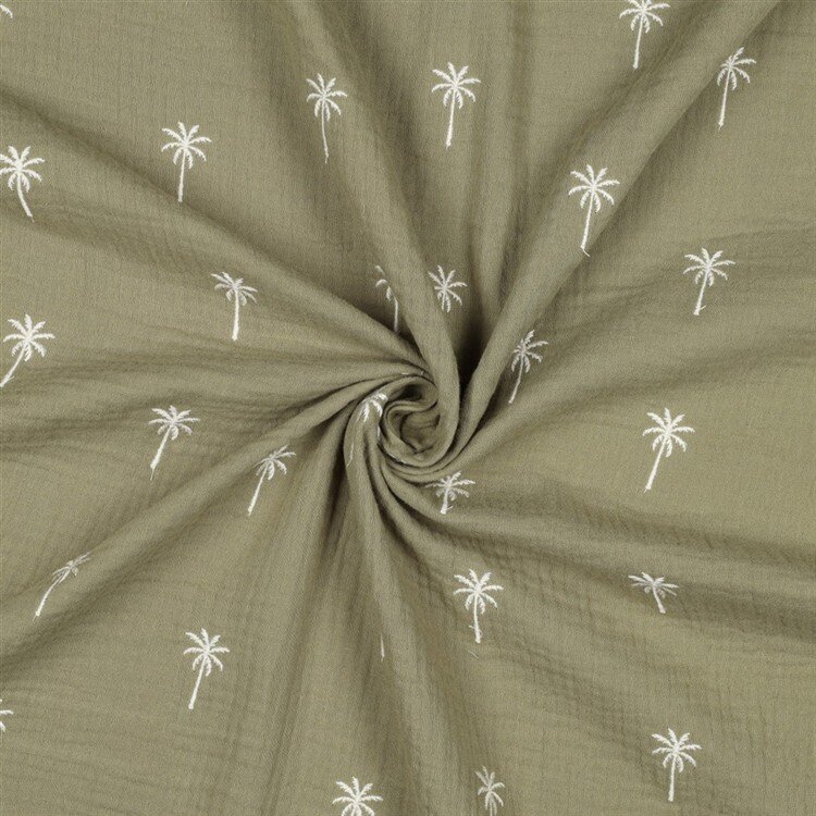 Musselin Bestickt PALM TREES - MOSS GREEN