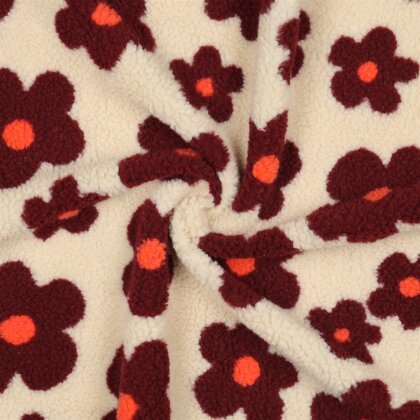 Teddystoff Blumen - hellbeige/weinrot