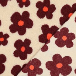 Teddystoff Blumen - hellbeige/weinrot