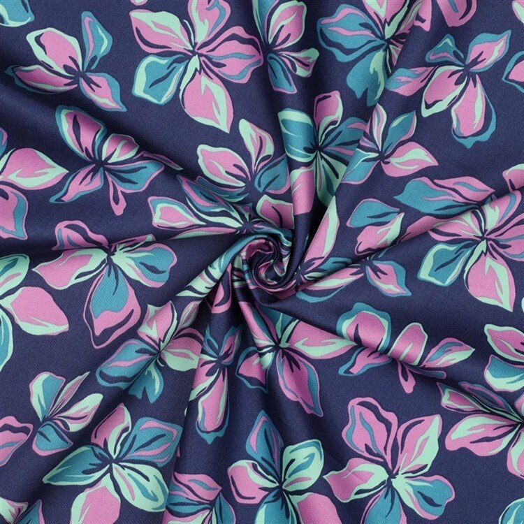 Baumwollsatin Blumen - dunkelblau