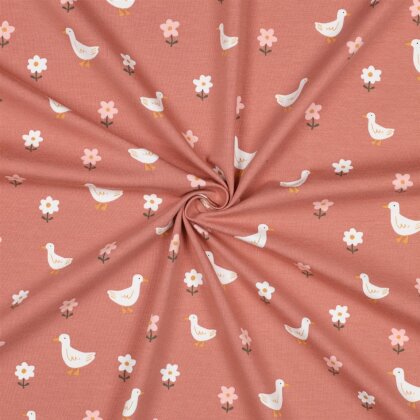 Baumwolljersey Bio~Organic Vögel und Blümchen  - dunkelaltpink