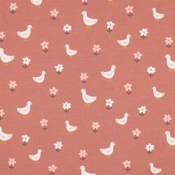 Baumwolljersey Bio~Organic Vögel und Blümchen  - dunkelaltpink