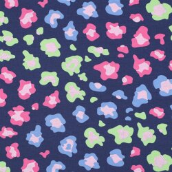 Baumwolljersey Glitzer bunte Leoflecken - dunkelstahlblau