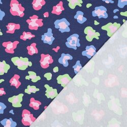 Baumwolljersey Glitzer bunte Leoflecken - dunkelstahlblau