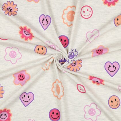 Baumwolljersey Glitzer  fröhliche Herzen und Blumen - creme meliert