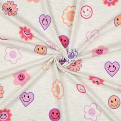 Baumwolljersey Glitzer  fröhliche Herzen und Blumen...
