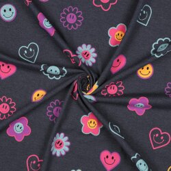 Baumwolljersey Glitzer fröhliche Herzen und Blumen -...