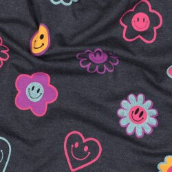 Baumwolljersey Glitzer fröhliche Herzen und Blumen -...