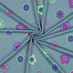Baumwolljersey Glitzer fröhliche Herzen und Blumen -...