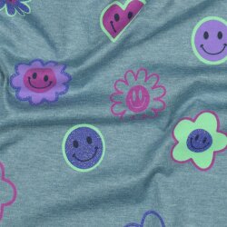 Baumwolljersey Glitzer fröhliche Herzen und Blumen -...