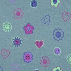 Baumwolljersey Glitzer fröhliche Herzen und Blumen - schattenblau meliert