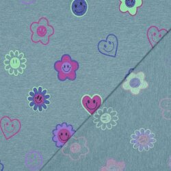 Baumwolljersey Glitzer fröhliche Herzen und Blumen - schattenblau meliert