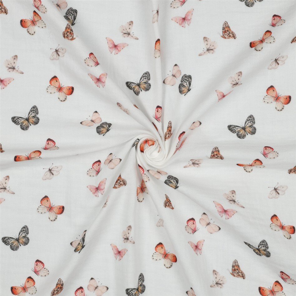 Musselin Digital bunte Schmetterlinge - weiß