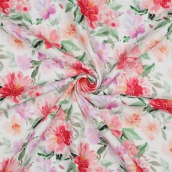 Musselin Digital pinke Blumen - weiß