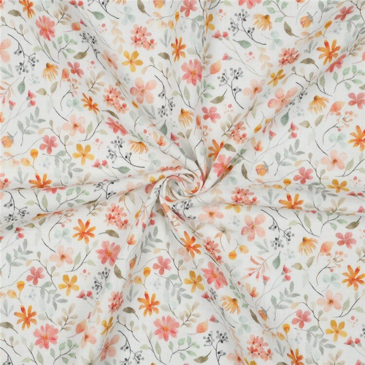 Musselin Digital bunte Blumenmischung - weiß