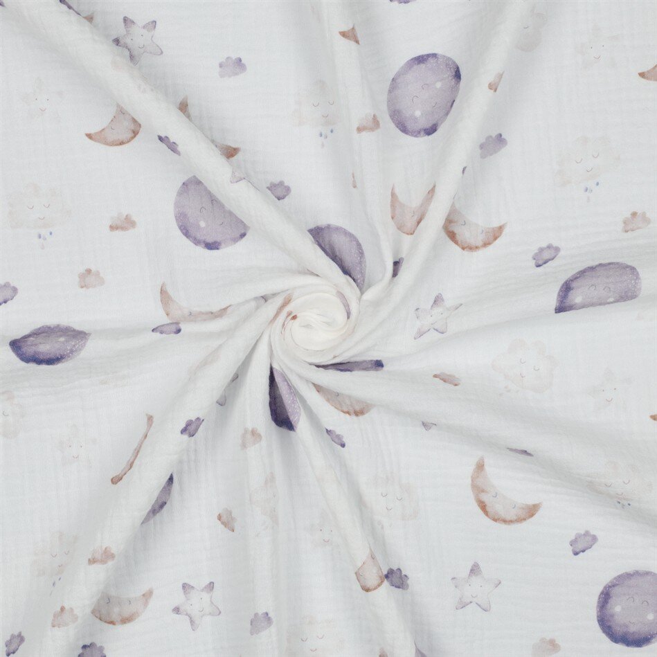 Musselin Bio~Organic Digital Sonne Mond & Sterne - weiß