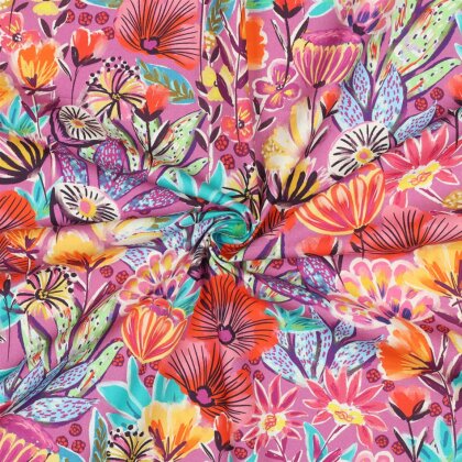 Baumwollpopeline Digital exotische Blumen - fuchsia