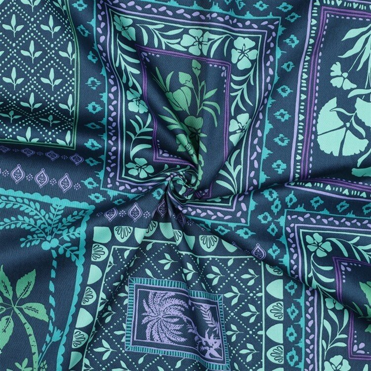 Baumwollsatin PATCHWORK Blumen - PETROL