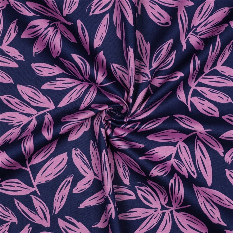Baumwollsatin pinke Blätter - dunkelblau