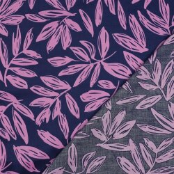 Baumwollsatin pinke Blätter - dunkelblau