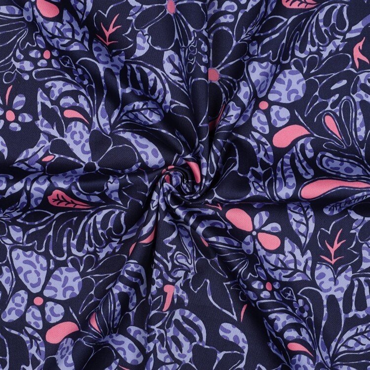 Baumwollsatin Blumen - dunkelblau