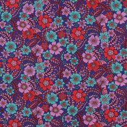 Baumwollpopeline Retro Blumen - dunkelblau