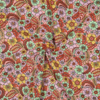 Baumwollpopeline Retro Blumen - pfirsich