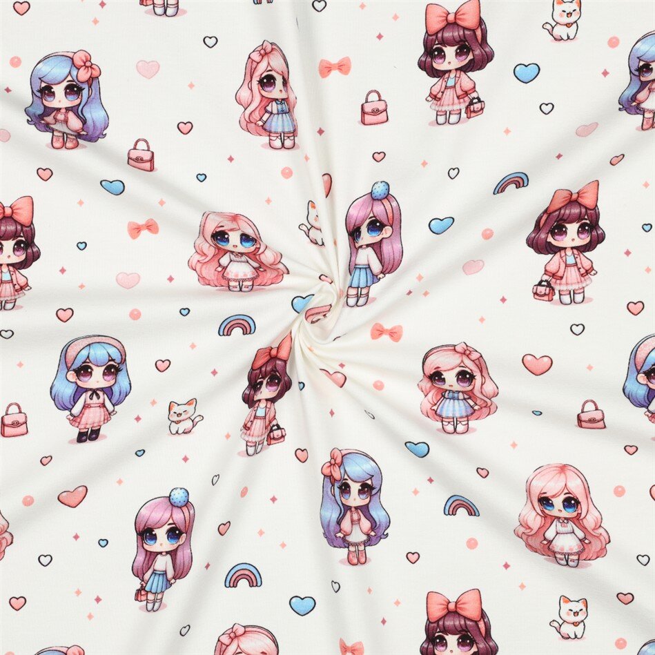 Baumwolljersey Digital Regenbogen Puppen - weiß