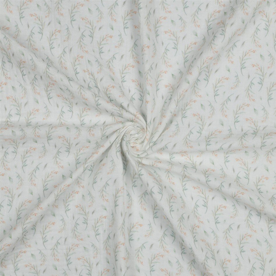 Musselin Digital zarte Blätter - weiß