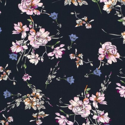 0,4 Meter - Viskose_Krepp Blumen - dunkelblau