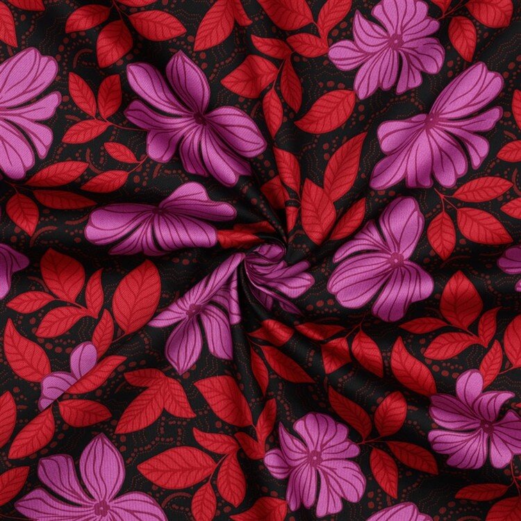 Baumwollsatin Blumen Punkte  - dunkelrot