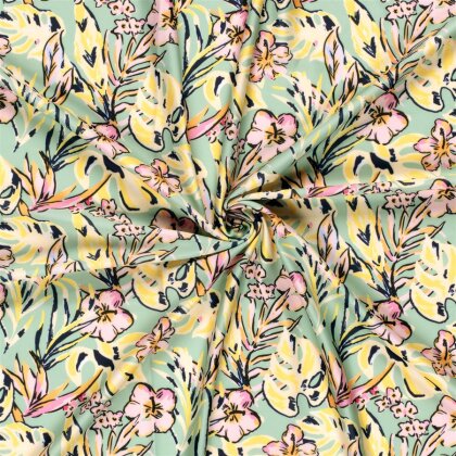 Funktions und Badeanzugstoff Recycled LSF50 tropische Blumen - gelb