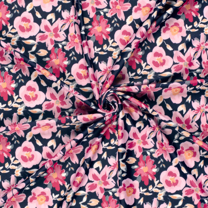 Funktions und Badeanzugstoff Recycled LSF50 rosa Blüten - dunkelblau
