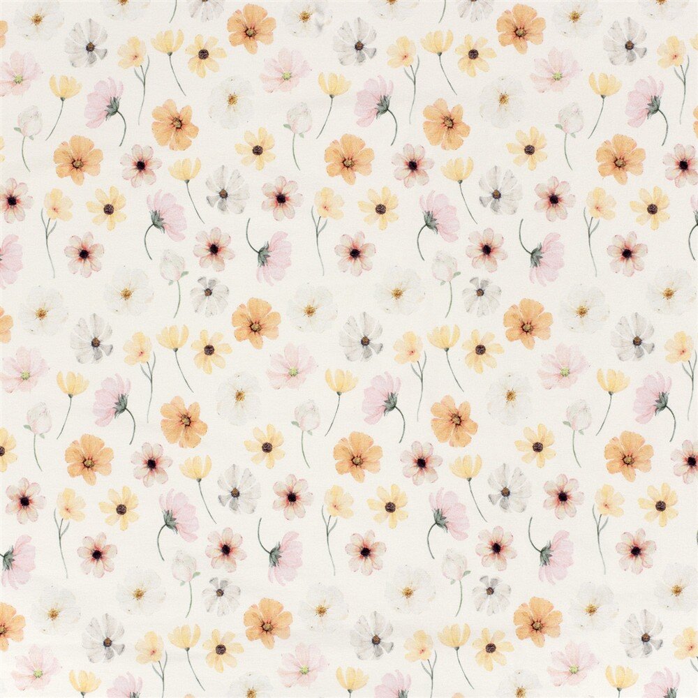 Baumwolljersey BIO~Organic Digital zarte Blumen - wollweiß - creme