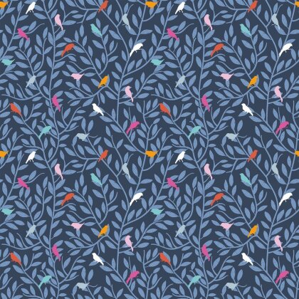 0,5 Meter - Baumwollpopeline bunte Vögel auf Zweigen - dunkelindigo